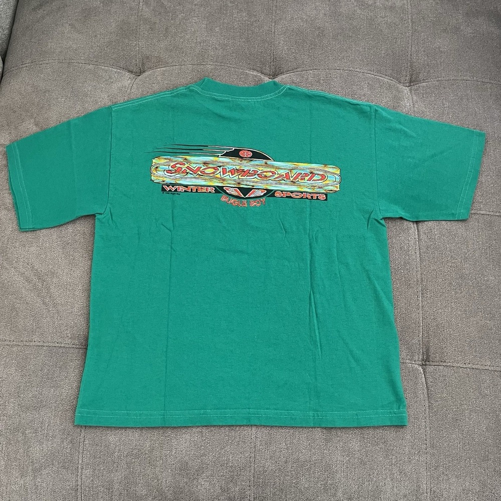 Vintage 90s Bugle Boy Kids Small Green Snowboard Graphic T-Shirt